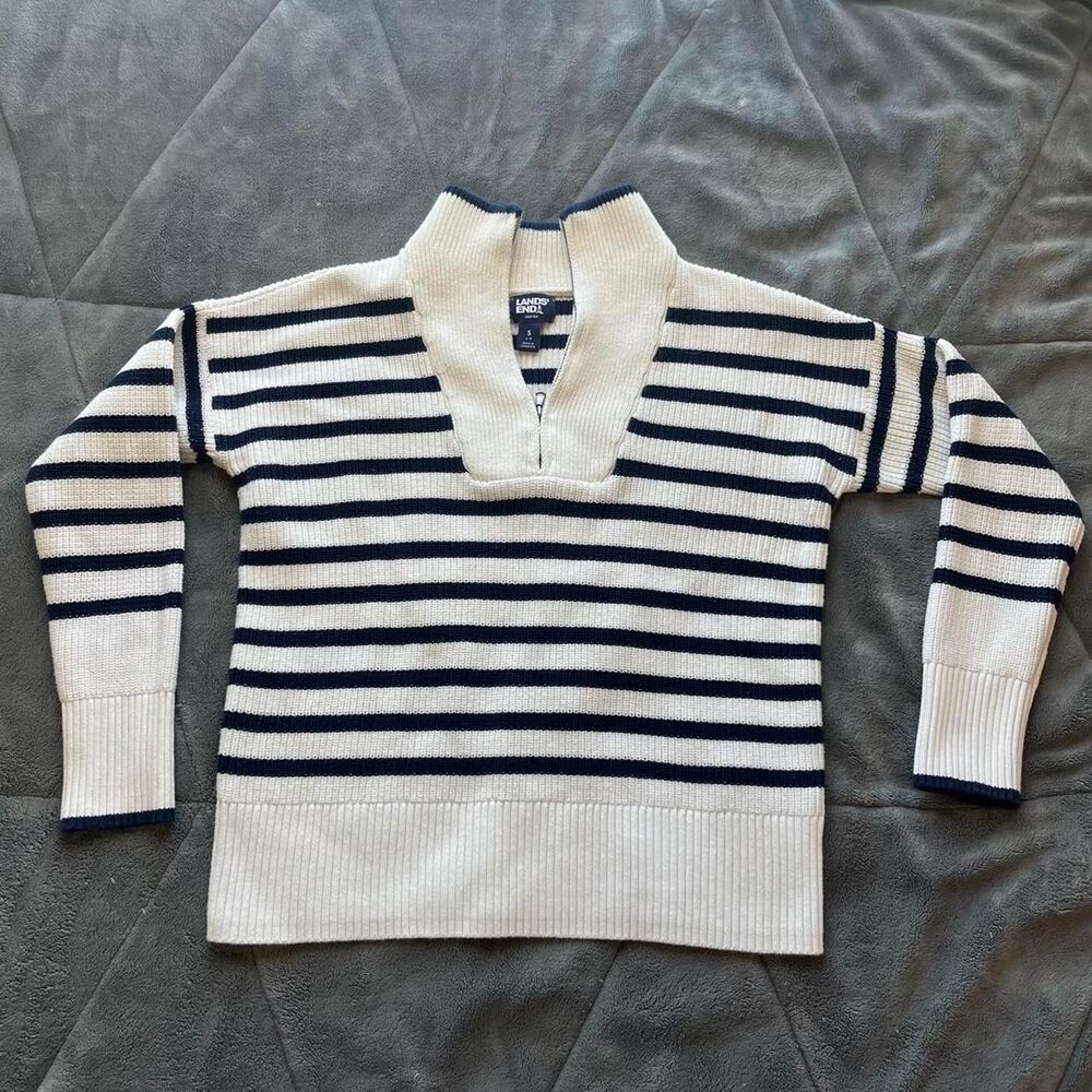 Lands' End Women's Cotton Quarter Zip Pullover Striped Ivory Navy Sweater Small